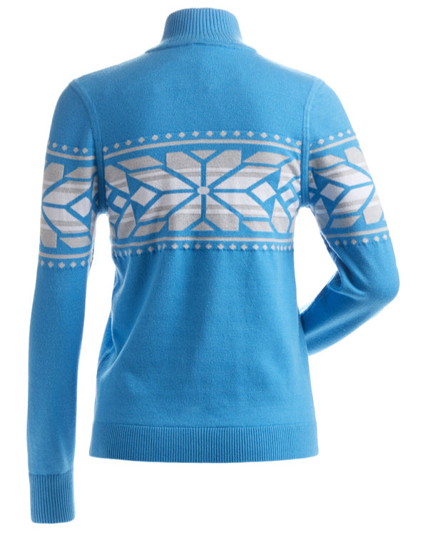 Nils Women's Thredbo 1/4 Zip Sweater - A light blue sweater with a geometric pattern on the chest and sleeves, featuring a quarter zip closure at the front.