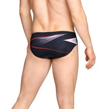 Speedo Infinite Pulse Brief Swimsuit - A black swimsuit with a red, white, and gray geometric pattern on the front.