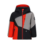 Obermeyer Junior's Orb Insulated Jacket 2025 - A black, red, and gray insulated jacket with a hood, featuring a zipper closure and two zippered pockets on the front.