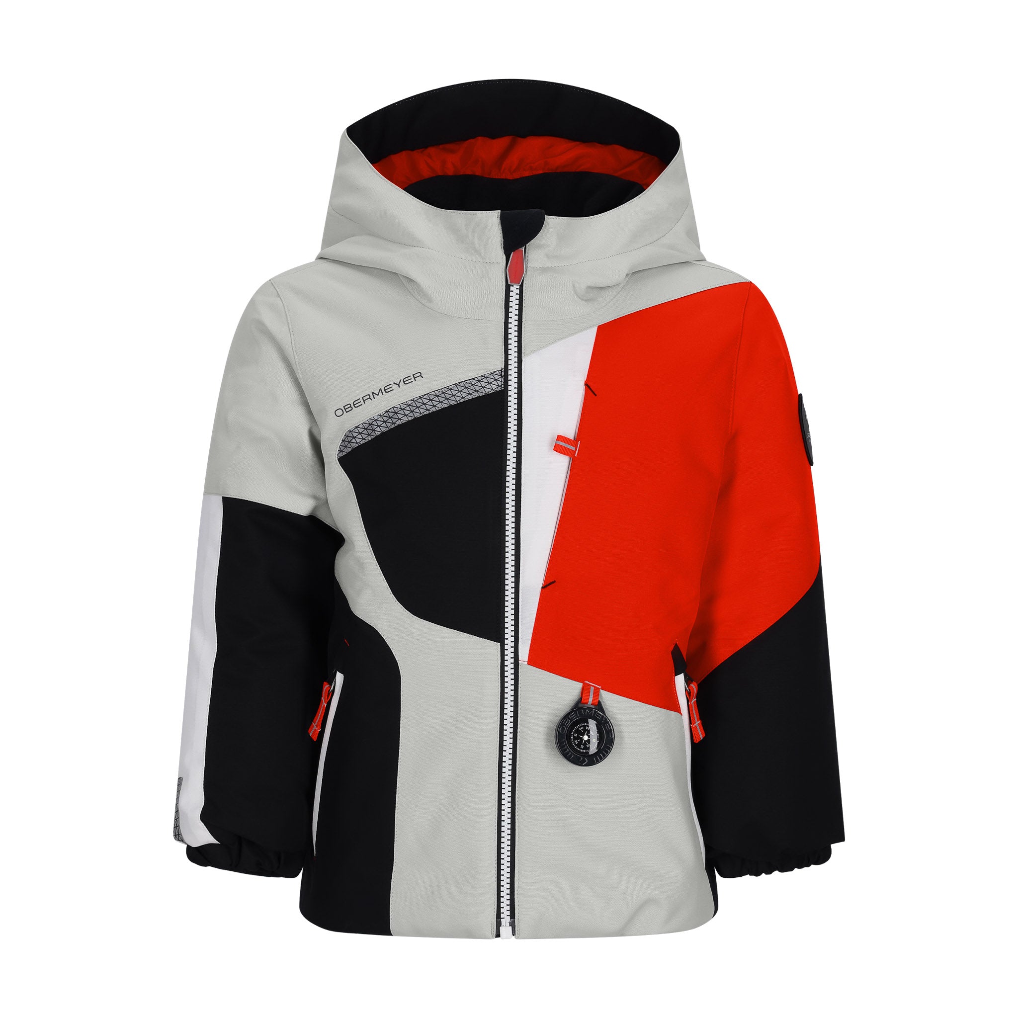 Obermeyer Junior's Orb Insulated Jacket 2025 - A black and white insulated jacket with a hood, featuring a zipper down the front.