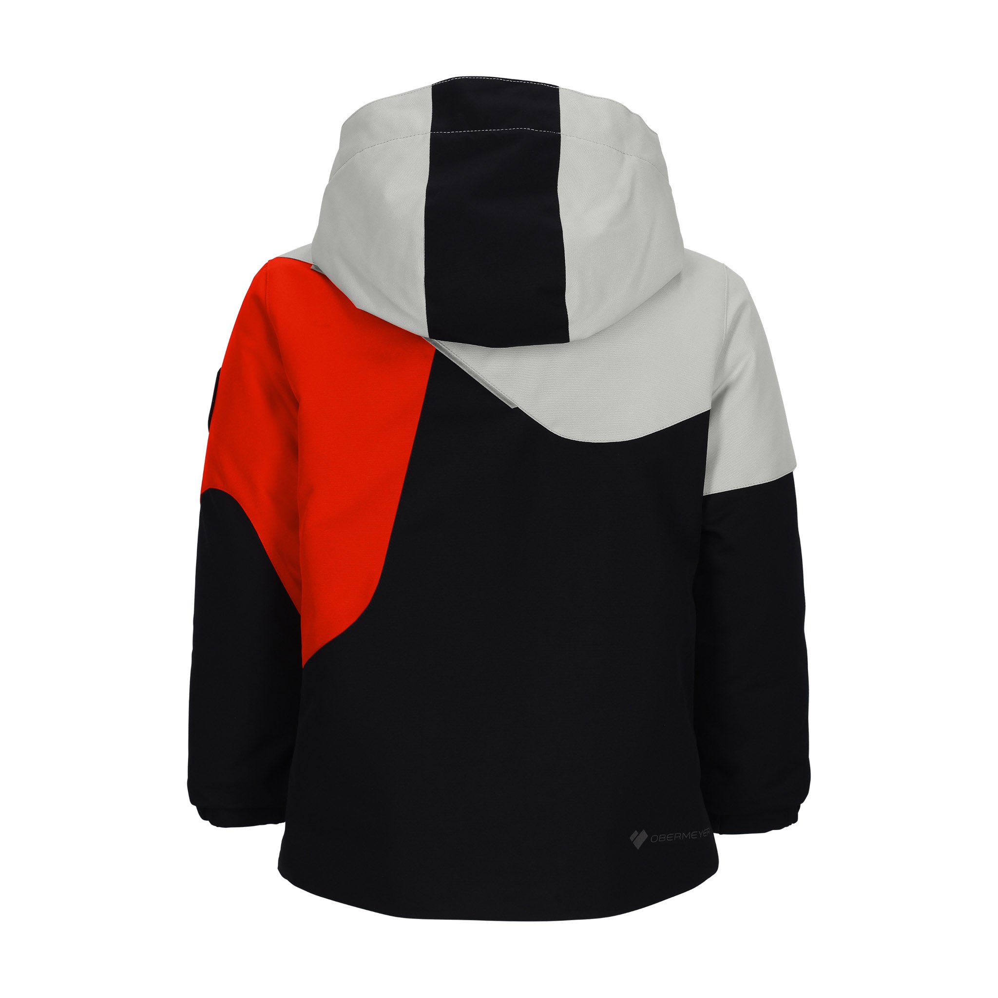 Obermeyer Junior's Orb Insulated Jacket 2025 - A black, red, and white jacket with a hood, featuring an asymmetrical zipper on the front.