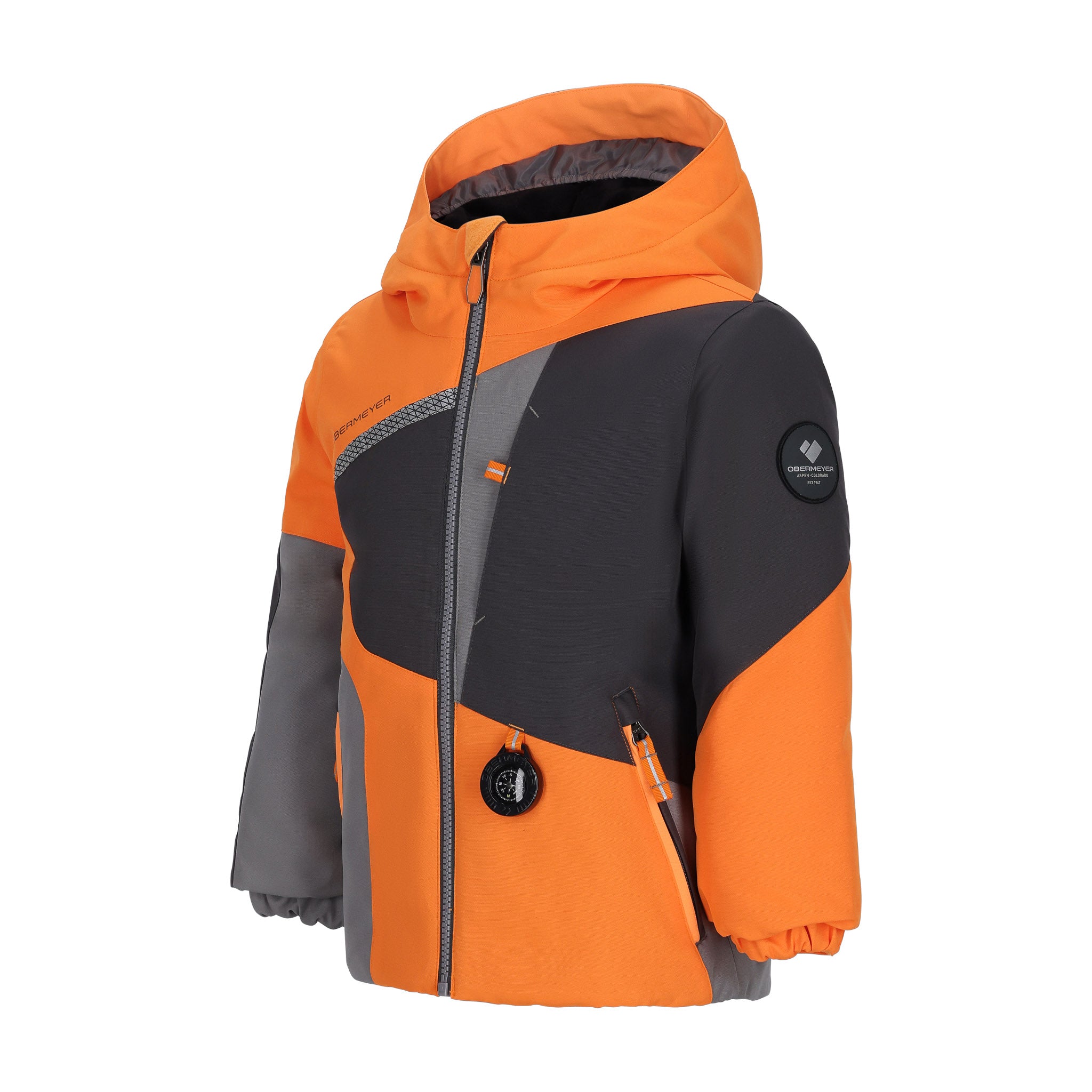 Obermeyer Junior's Orb Insulated Jacket 2025 - A black and orange insulated jacket with a hood, featuring an Obermeyer logo on the left chest.