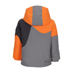 Obermeyer Junior's Orb Insulated Jacket 2025 - A black, orange, and gray insulated jacket with a hood.
