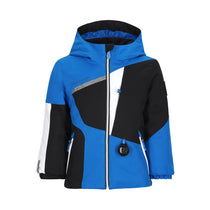 Obermeyer Junior's Orb Insulated Jacket 2025 - A blue and black insulated jacket with a white zipper and gray accents on the chest.