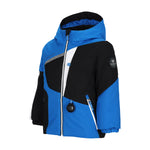 Obermeyer Junior's Orb Insulated Jacket 2025 - A black and blue ski jacket with a white zipper, featuring a geometric pattern on the chest.