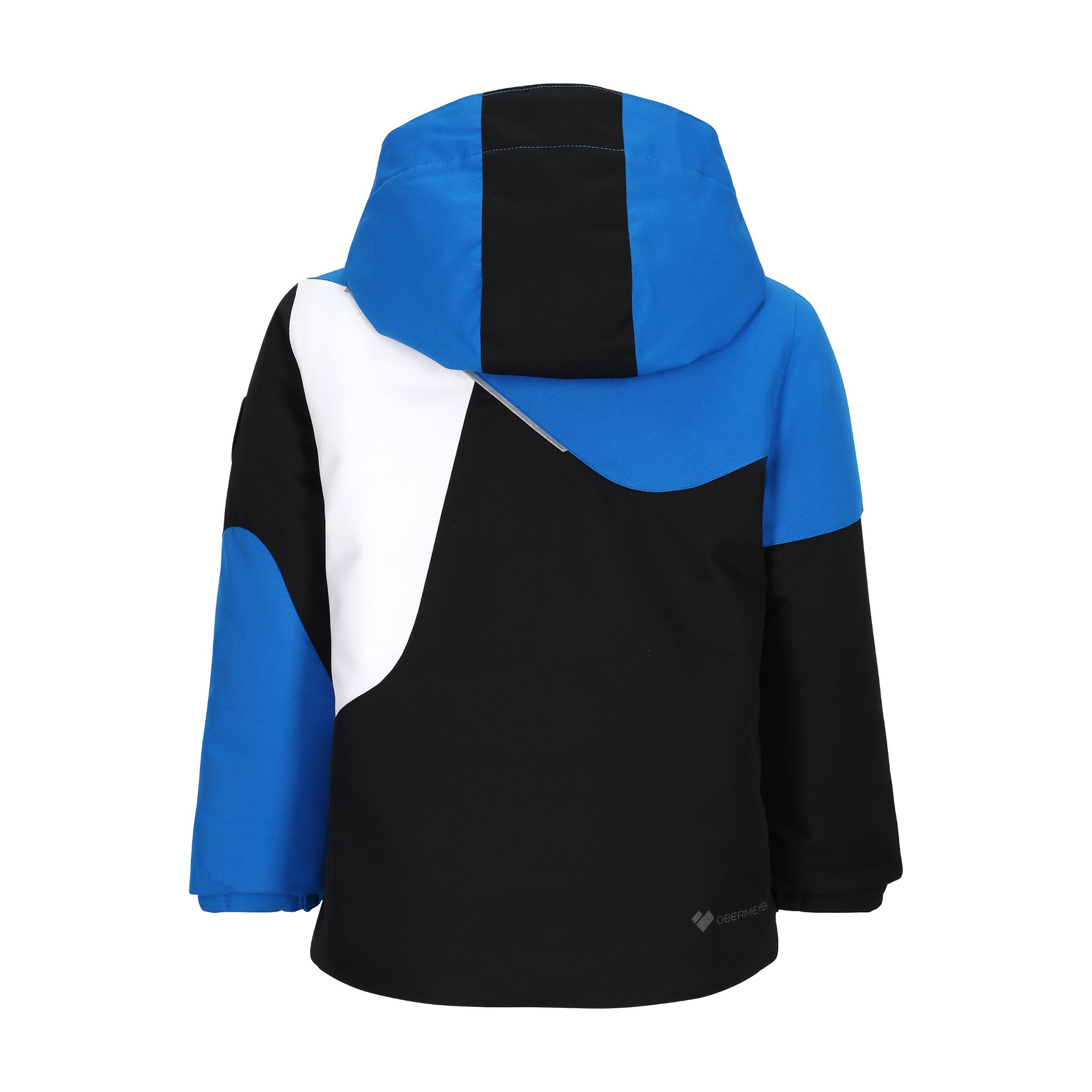 Obermeyer Junior's Orb Insulated Jacket 2025 - A black, blue and white jacket with a hood, featuring a diagonal pattern of solid colors on the back.