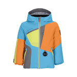 Obermeyer Junior's Orb Insulated Jacket 2025 - A blue, orange, and yellow jacket with a gray zipper and black hardware.
