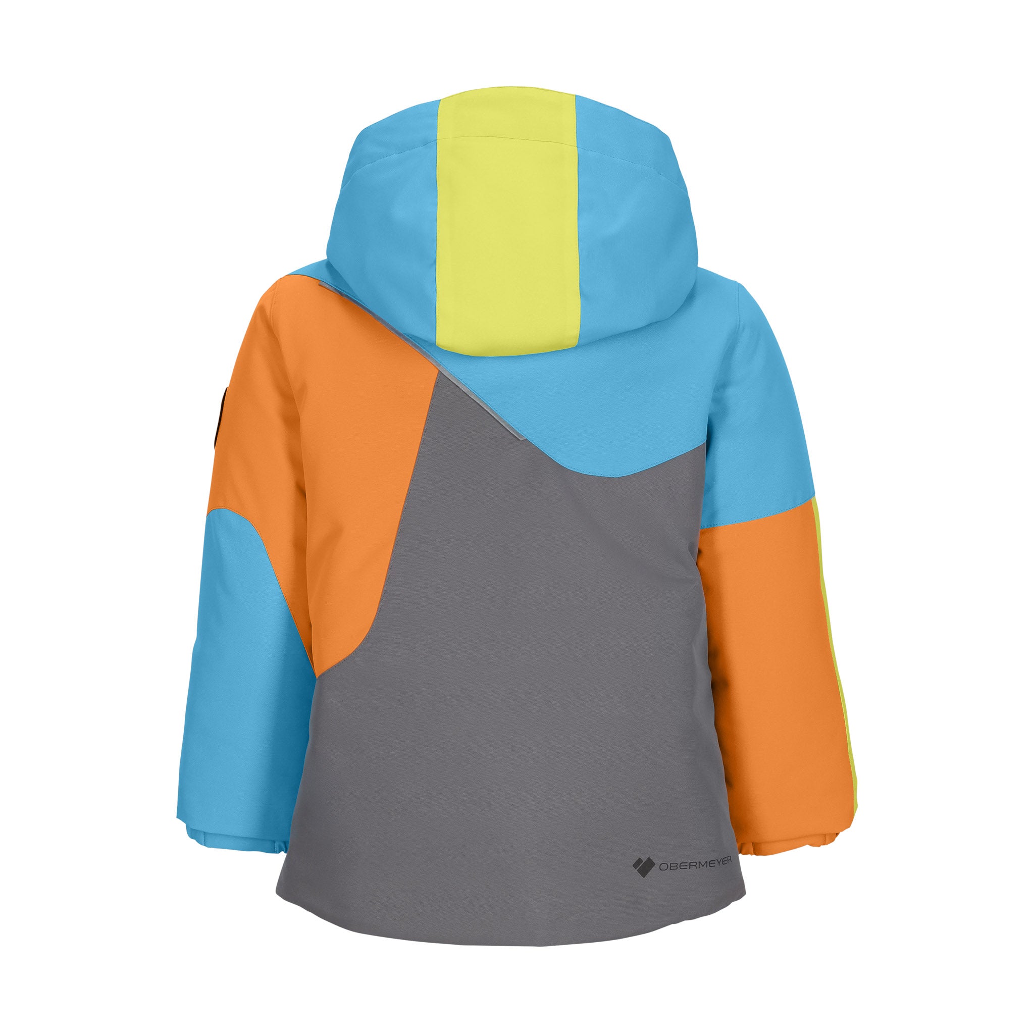 Obermeyer Junior's Orb Insulated Jacket 2025 - A blue, orange, and gray insulated jacket with a hood.