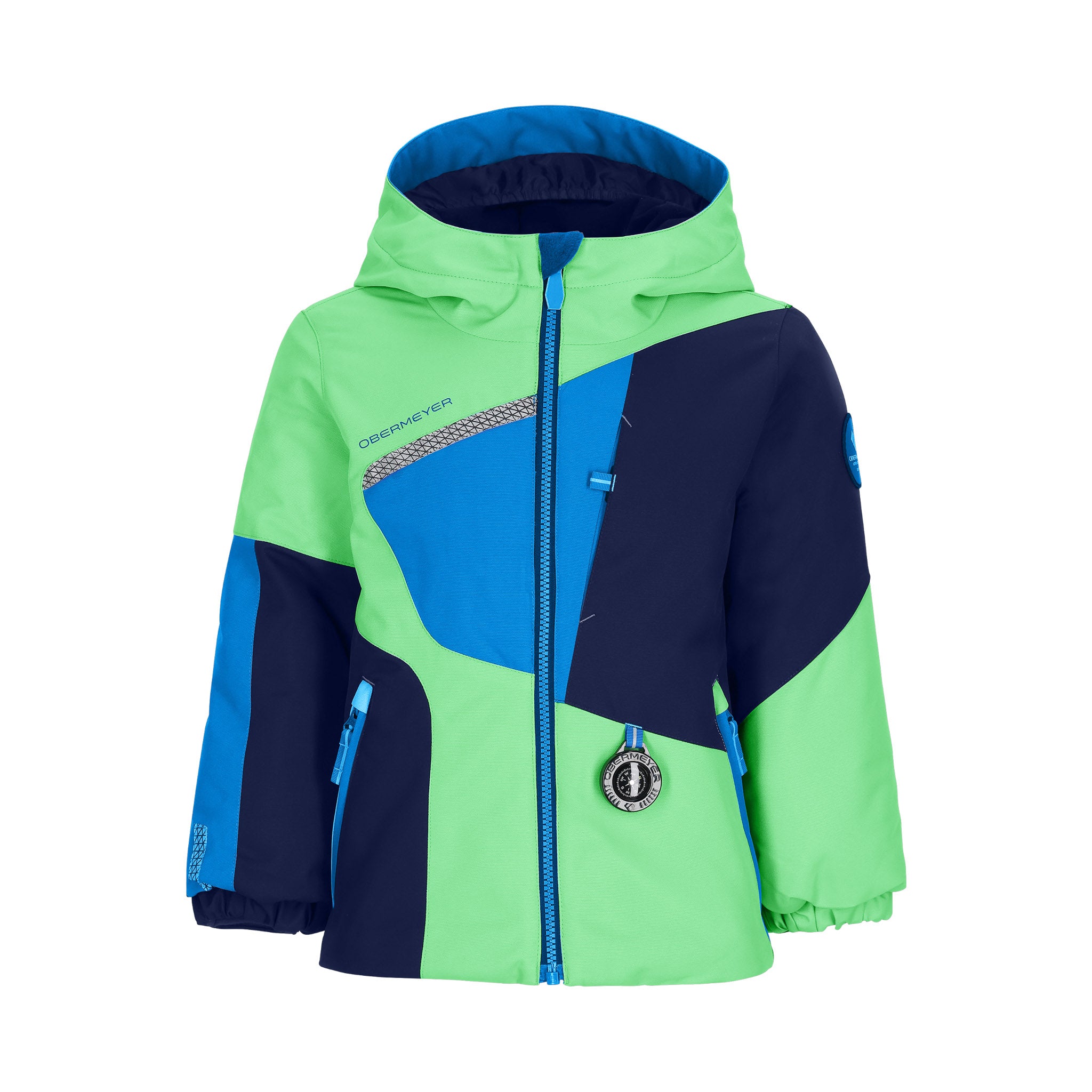Obermeyer Junior's Orb Insulated Jacket 2025 - A bright green jacket with a blue zipper and accents, featuring a geometric pattern on the chest.
