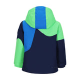 Obermeyer Junior's Orb Insulated Jacket 2025 - A navy blue jacket with a lime green stripe on the shoulder and sleeve cuffs, featuring a hood and zippered pockets.