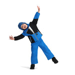 Obermeyer Junior's Orb Insulated Jacket - A young child wearing a blue and black jacket with a white zipper, posing in front of a light gray background.