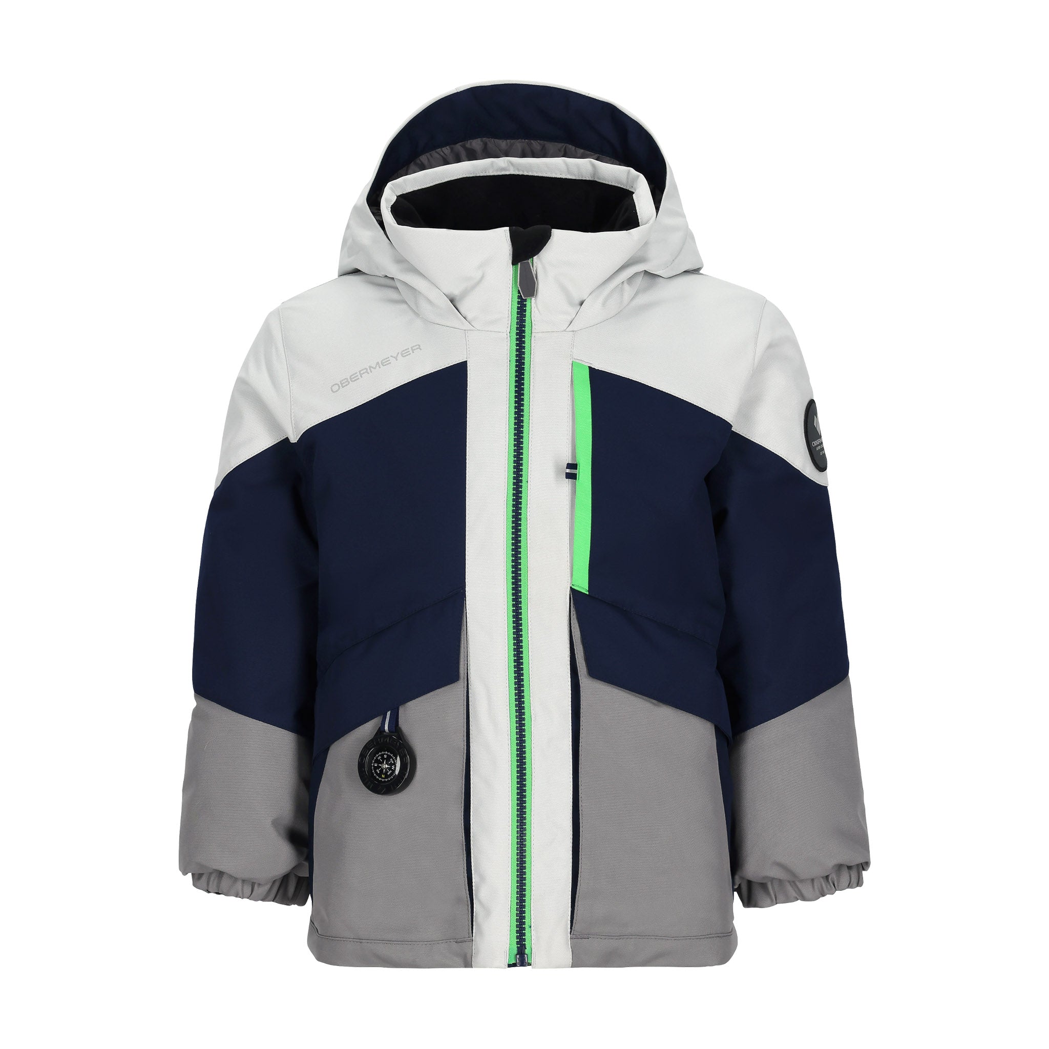 Obermeyer Junior's Altair Insulated Jacket - A navy blue and white insulated jacket with a hood, featuring a zipper closure and two zippered pockets on the front.