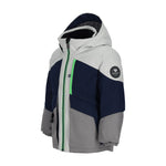 Obermeyer Junior's Altair Insulated Jacket - A navy blue and light gray insulated jacket with a hood, featuring lime green accents on the zipper and trim.