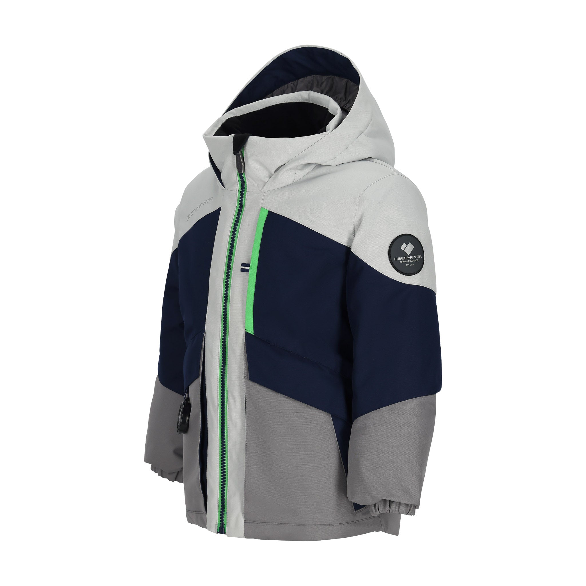 Obermeyer Junior's Altair Insulated Jacket - A navy blue and light gray insulated jacket with a hood, featuring lime green accents on the zipper and trim.