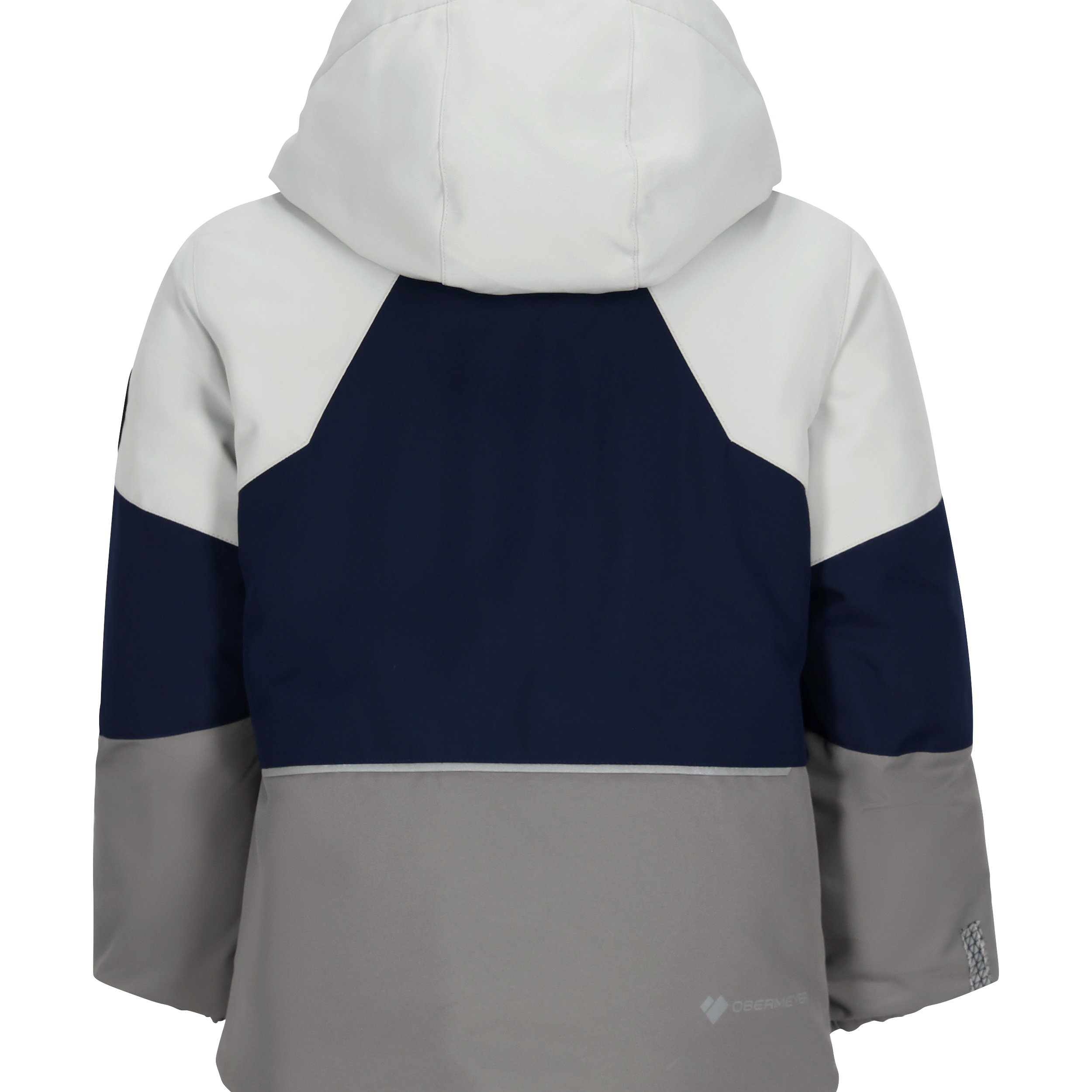 Obermeyer Junior's Altair Insulated Jacket - A navy blue and white insulated jacket with a hood, featuring a zippered front and two pockets on either side.