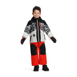 Obermeyer Junior's Altair Insulated Jacket - A black and white jacket with a pattern of skiers on the upper portion, featuring a red zipper and a hood.