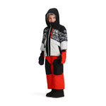 Obermeyer Junior's Altair Insulated Jacket - A black and white jacket with a red zipper, featuring a pattern of skiers on the upper back.