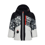 Obermeyer Junior's Altair Insulated Jacket - A black and white winter jacket with a pattern of moose, trees, and mountains in shades of gray and white.