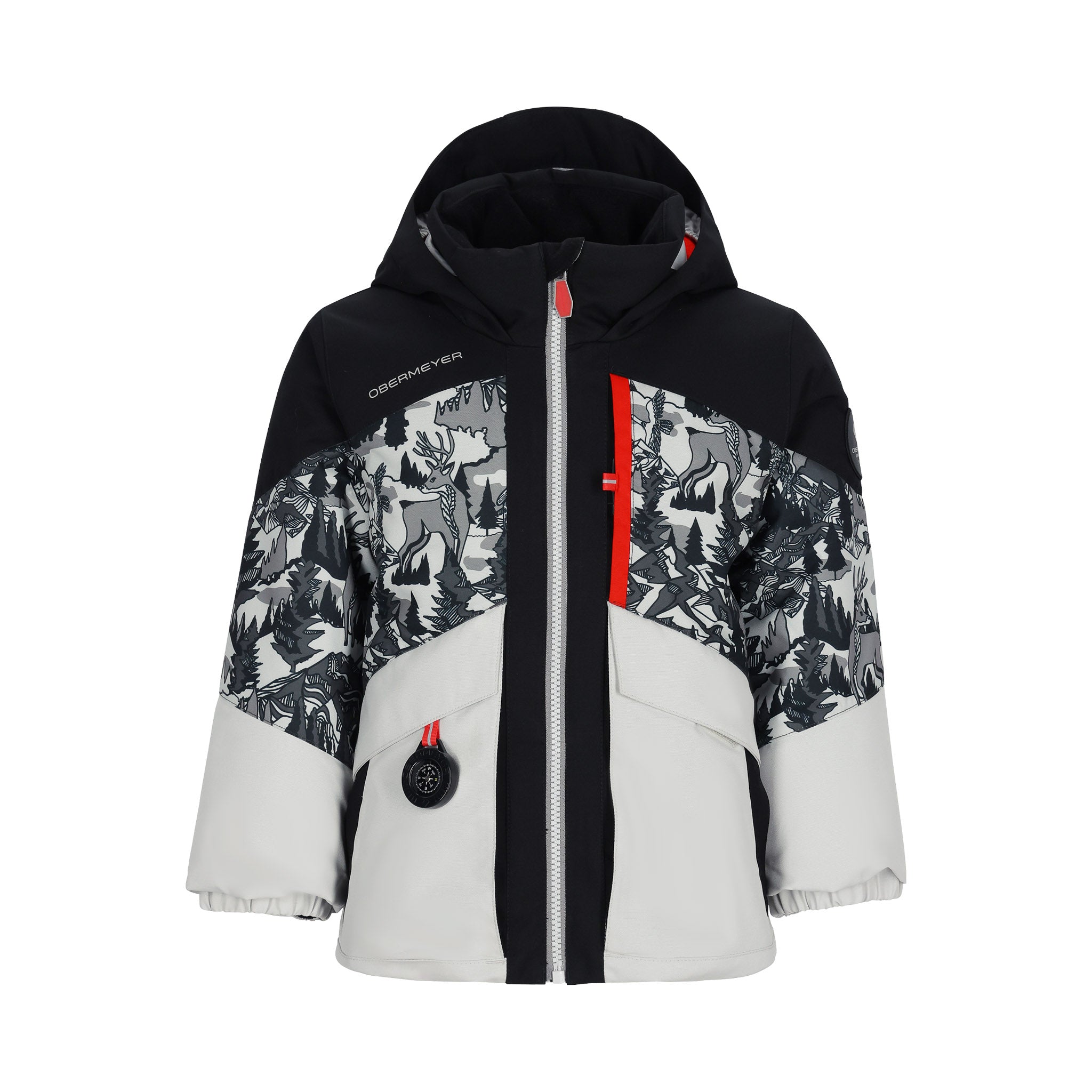 Obermeyer Junior's Altair Insulated Jacket - A black and white winter jacket with a pattern of moose, trees, and mountains in shades of gray and white.