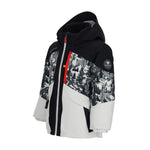 Obermeyer Junior's Altair Insulated Jacket - A black and white winter jacket with a forest scene pattern on the chest, featuring a red zipper pull and a hood.