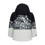 Obermeyer Junior's Altair Insulated Jacket 2025 - A black and white jacket with a pattern of mountains, trees, and cabins on the back.