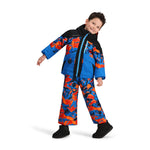 Obermeyer Junior's Altair Insulated Jacket - A blue and red snowboard jacket with a black hood, featuring a pattern of abstract shapes resembling mountains or rocks.