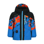 Obermeyer Junior's Altair Insulated Jacket - A black jacket with a vibrant red and blue abstract pattern on the chest, sleeves, and hood.