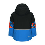 Obermeyer Junior's Altair Insulated Jacket 2025 - A black jacket with a blue and red patterned sleeve cuff, featuring an abstract design of jagged lines and shapes.