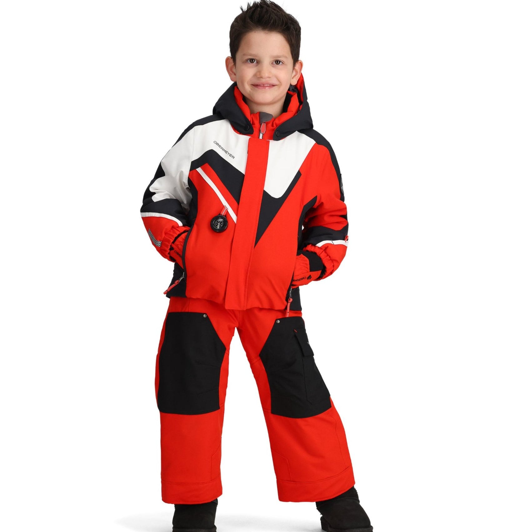 Obermeyer Junior's Super G Insulated Jacket 2025 - A red and black insulated jacket with a white stripe on the sleeve, featuring a hood and zippered pockets.