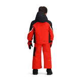 Obermeyer Junior's Super G Insulated Jacket 2025 - A red and black insulated jacket with a hood, featuring white stripes on the sleeves.
