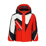 Obermeyer Junior's Super G Insulated Jacket 2025 - A red, black, and white insulated jacket with a hood.