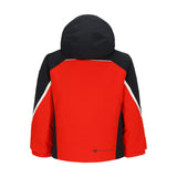 Obermeyer Junior's Super G Insulated Jacket 2025 - A red and black insulated jacket with a hood, featuring white stripes on the sleeves.