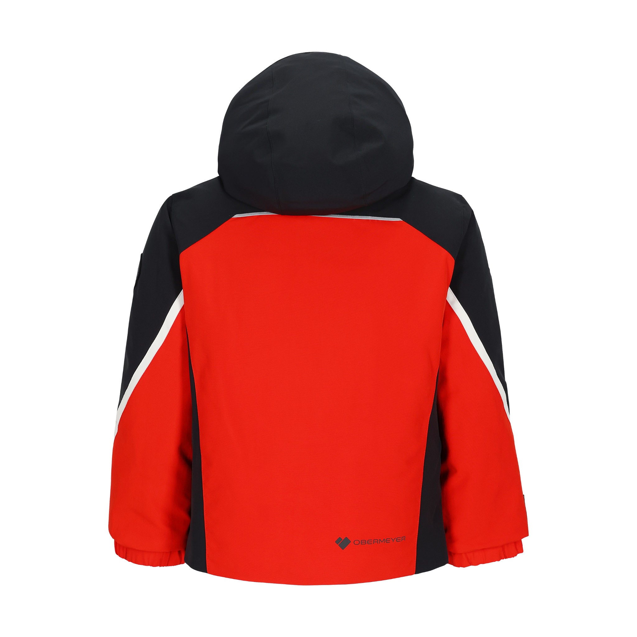 Obermeyer Junior's Super G Insulated Jacket 2025 - A red and black insulated jacket with a hood, featuring white stripes on the sleeves.