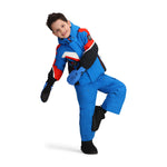 Obermeyer Junior's Super G Insulated Jacket 2025 - A blue jacket with red and white stripes on the sleeves, black buttons, and a hood.