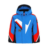 Obermeyer Junior's Super G Insulated Jacket 2025 - A blue ski jacket with a white diagonal stripe on the chest and red accents on the shoulders.