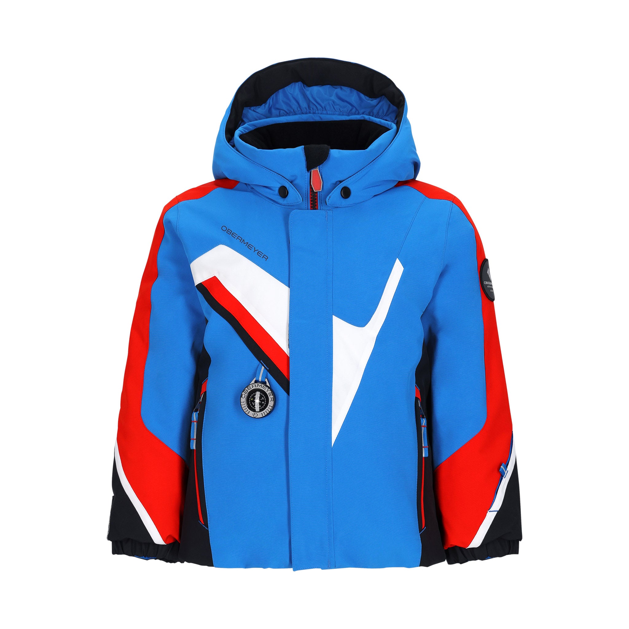 Obermeyer Junior's Super G Insulated Jacket 2025 - A blue ski jacket with a white diagonal stripe on the chest and red accents on the shoulders.