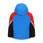 Obermeyer Junior's Super G Insulated Jacket 2025 - A blue jacket with red and black sleeves, featuring a hood.