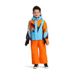 Obermeyer Junior's Super G Insulated Jacket 2025 - A bright blue and orange ski jacket with a hood, zippered pockets, and a black zipper pull.