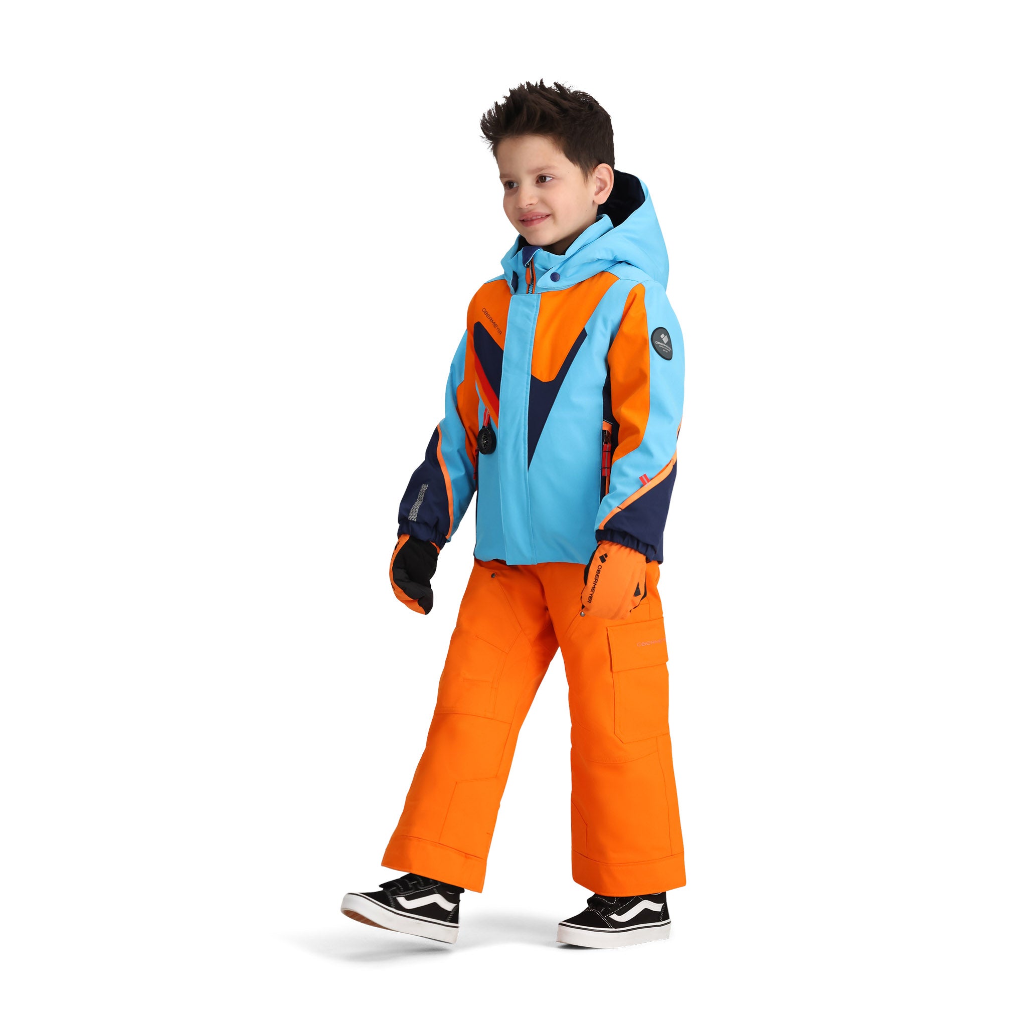 Obermeyer Junior's Super G Insulated Jacket - A bright blue jacket with orange and navy accents, featuring a hood and zippered pockets.