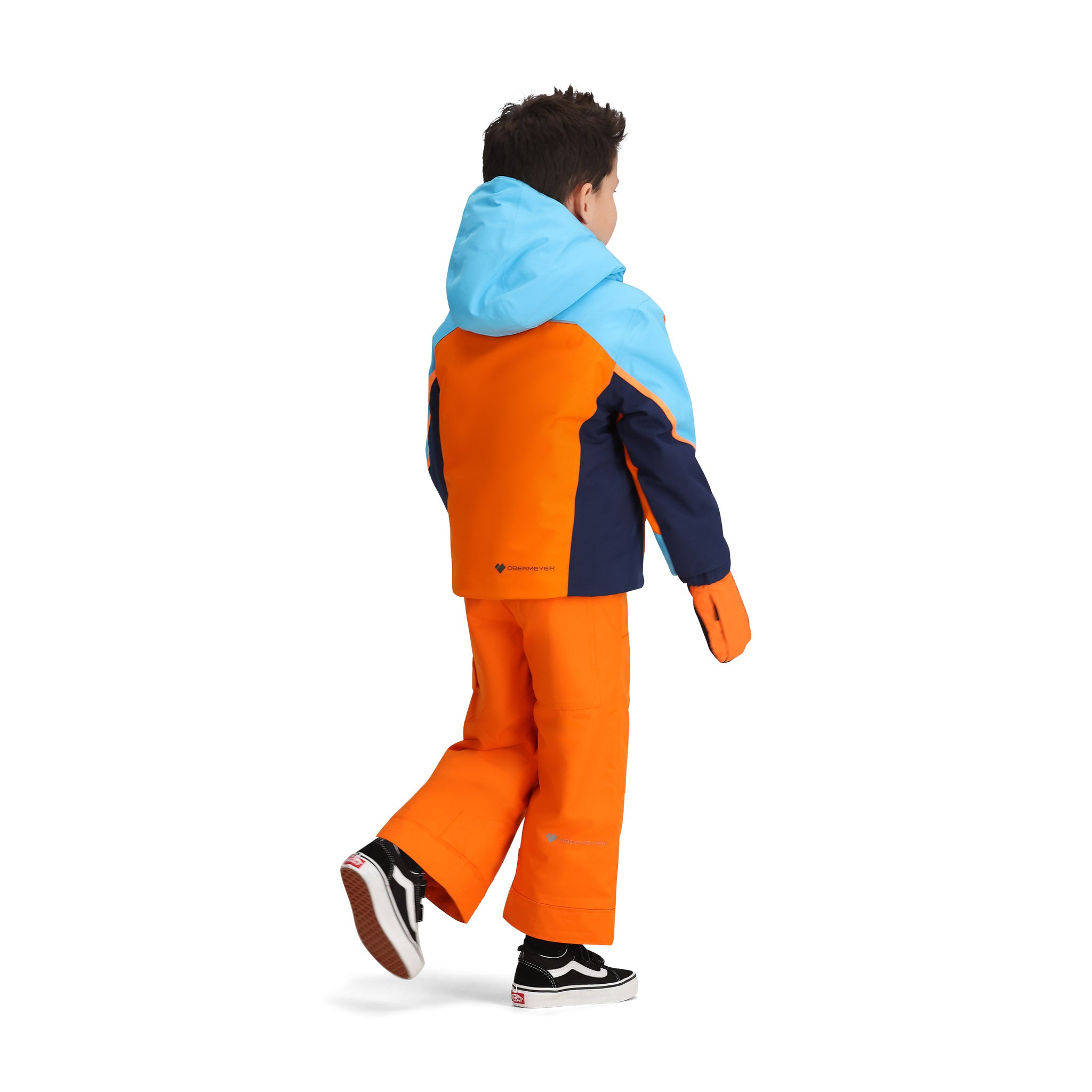 Obermeyer Junior's Super G Insulated Jacket 2025 - A navy blue and orange ski jacket with a hood, zippered pockets, and a white logo on the left chest.