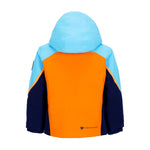 Obermeyer Junior's Super G Insulated Jacket 2025 - A bright blue and orange insulated jacket with a hood, featuring a zip closure and two front pockets.