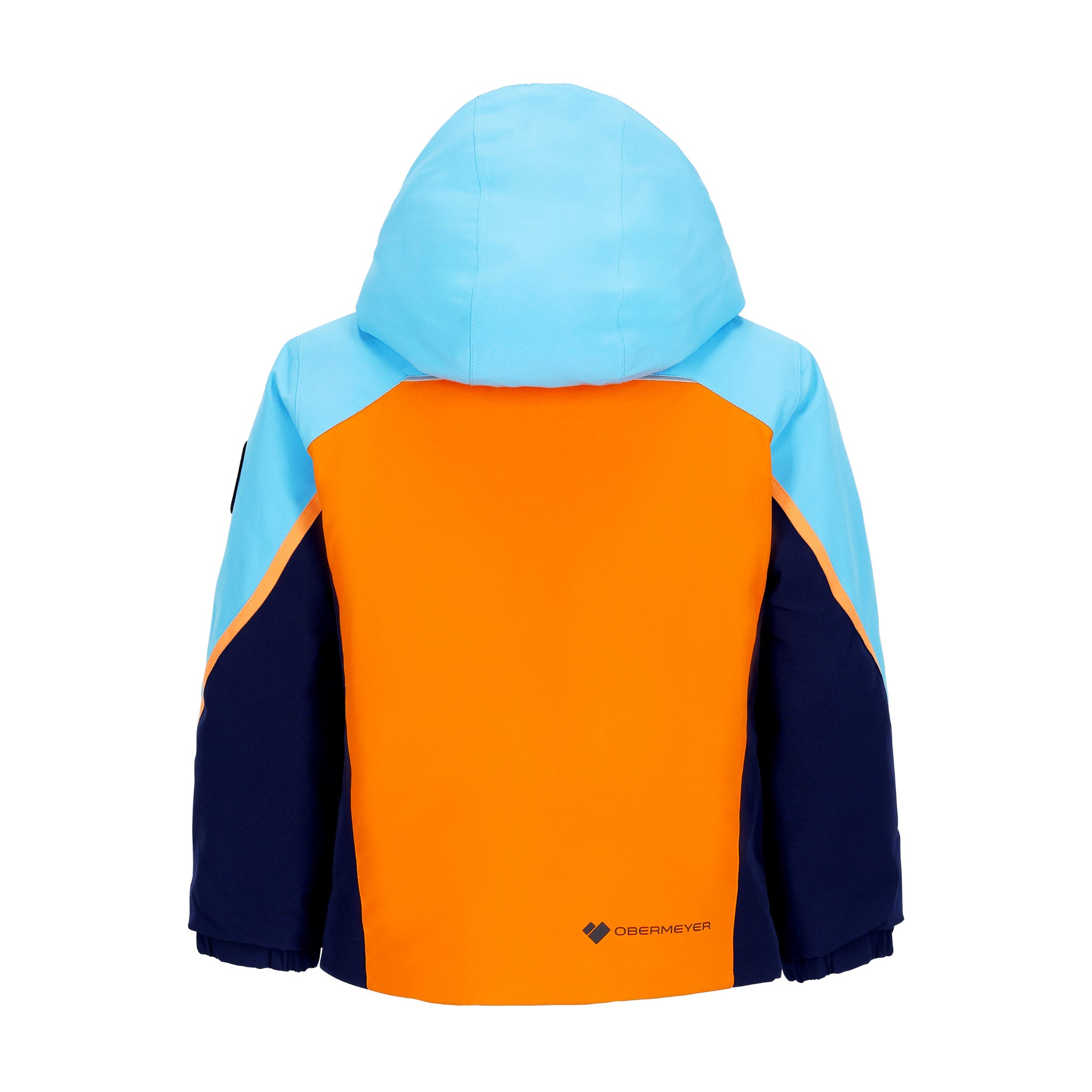 Obermeyer Junior's Super G Insulated Jacket 2025 - A bright blue and orange insulated jacket with a hood, featuring a zip closure and two front pockets.