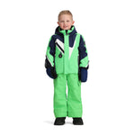 Obermeyer Junior's Super G Insulated Jacket 2025 - A navy blue and lime green insulated jacket with a white diagonal stripe on the chest, featuring a hood and zippered pockets.