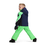 Obermeyer Junior's Super G Insulated Jacket 2025 - A navy blue jacket with a green stripe on the sleeve and white trim around the hood.