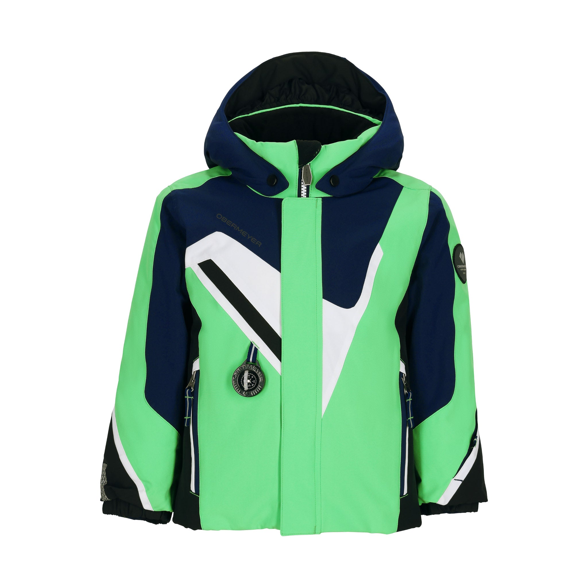 Obermeyer Junior's Super G Insulated Jacket 2025 - A navy blue and lime green insulated jacket with a white diagonal stripe on the chest.