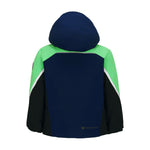 Obermeyer Junior's Super G Insulated Jacket 2025 - A navy blue jacket with green and white accents on the shoulders, featuring a hood and zipper closure.