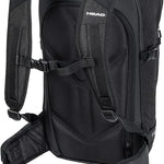 Head Kore Backpack 2023 - Black backpack with white logo on top, zippered pockets, and adjustable straps.