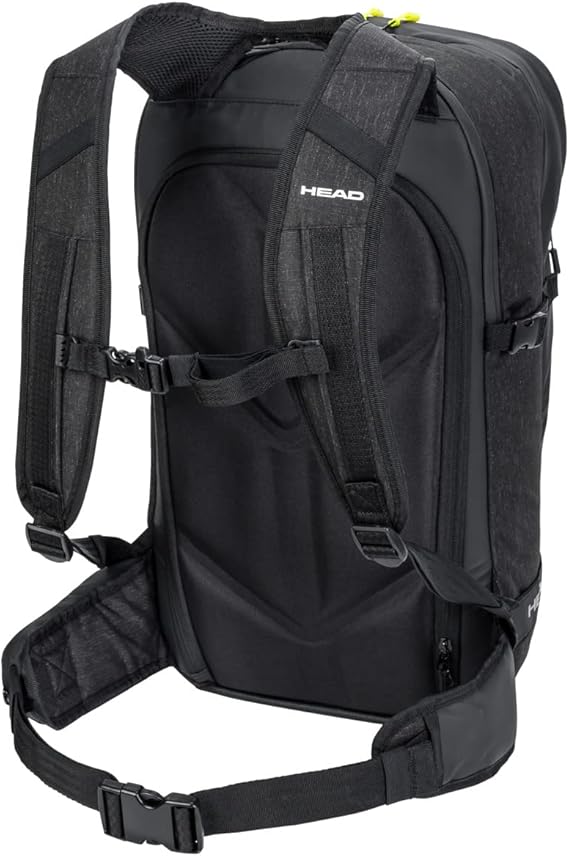 Head Kore Backpack 2023 - Black backpack with white logo on top, zippered pockets, and adjustable straps.