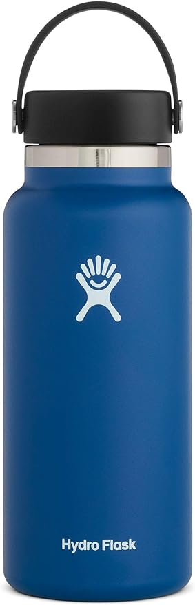 Hydro Flask - A blue water bottle with a black lid, featuring a white logo on its side.