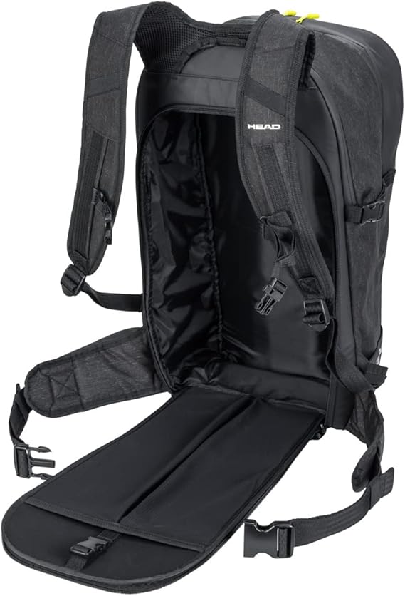 Head Kore Backpack 2023 - Black backpack with yellow zipper pull on top right side.